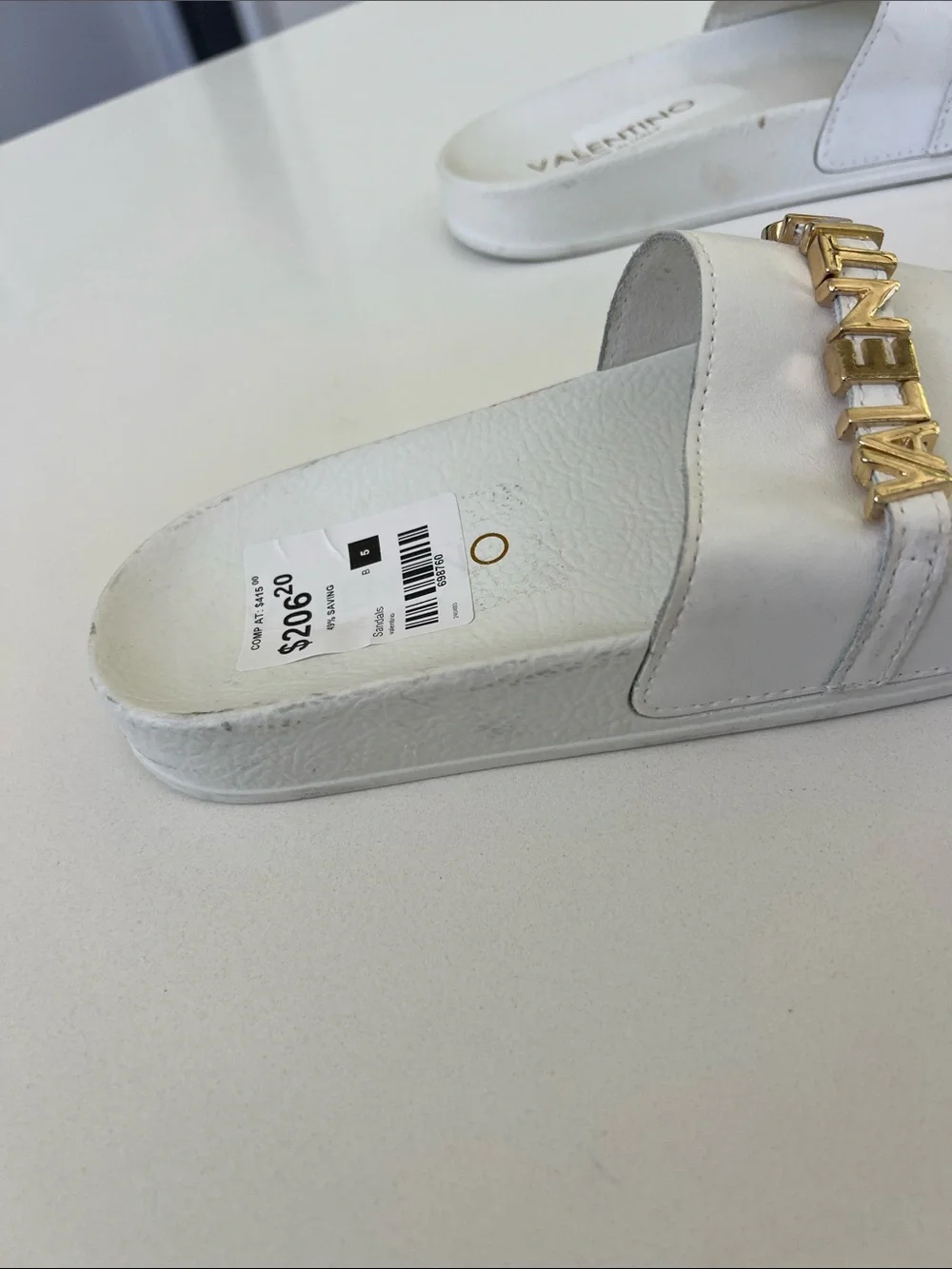 Valentino white leather open toe pool slides sandals with gold tone lettering 5